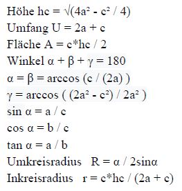 Formeln für gleichschenkliges Dreieck