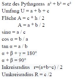 Formeln für rechtwinkliges Dreieck