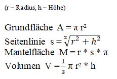 Formelsammlung gerader Kreiskegel