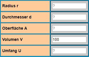 Kugel Berechnung Eingaben