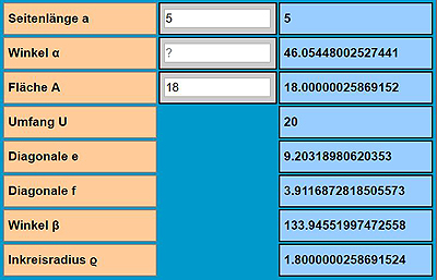 Rhombus Berechnung Ergebnisse