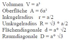 Berechnungsformeln für Würfel