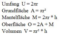 Zylinder Formeln