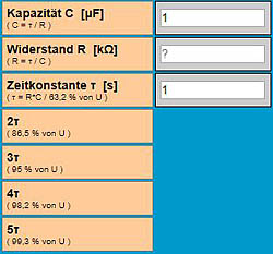 Zeitkonstante Berechnung: Eingaben