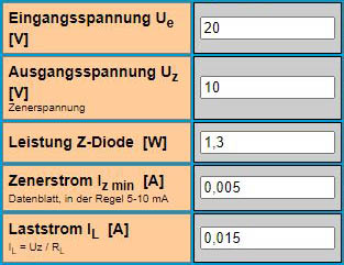 Spannungsregler mit Z-Diode: Eingaben