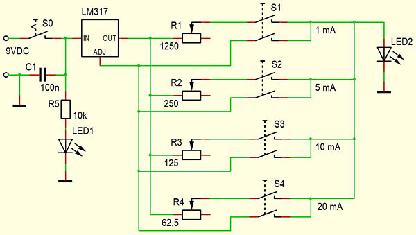 LED-Tester mit LM317 - Schaltplan