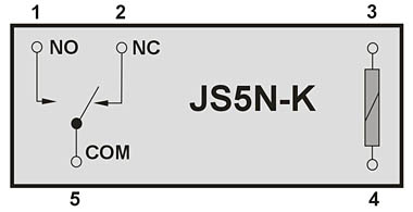 Relais JS5N-K, Pinbelegung, Ansicht von unten